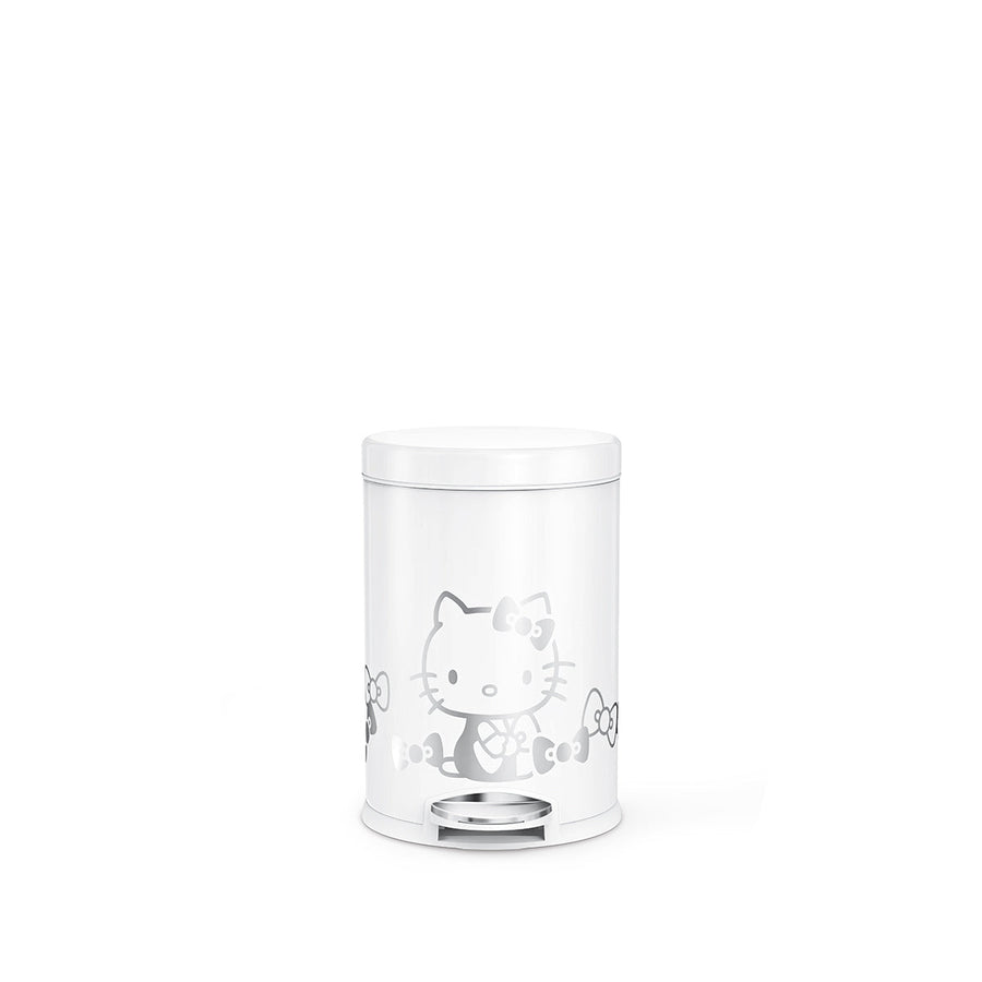 Front view of Simplehuman 4.5L Round Step Can, White with Silver Hello Kitty graphic, hands-free pedal.
