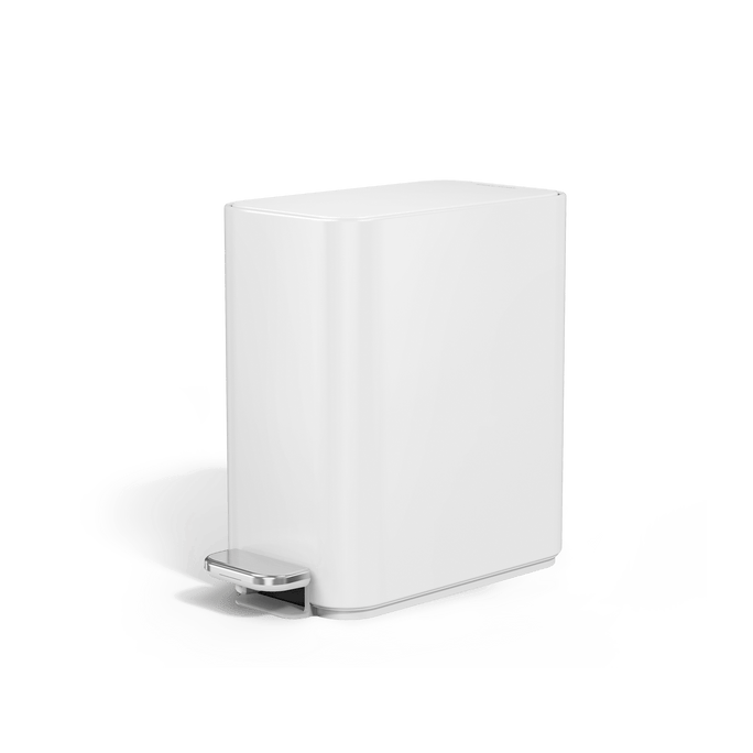 Simplehuman 5L Slim Step Can, White finish, angled view, space-saving slim design and hands-free pedal.