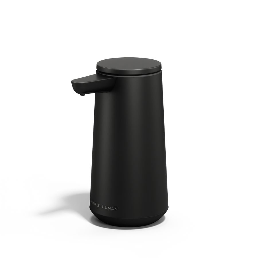 Simplehuman Matte Black Sensor Pump Foam, Angled view, touch-free foam dispensing, drip-free design.