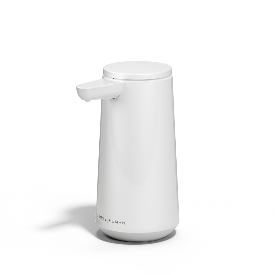 Simplehuman White Sensor Pump Foam, Angled view, touch-free foam dispensing, drip-free design.