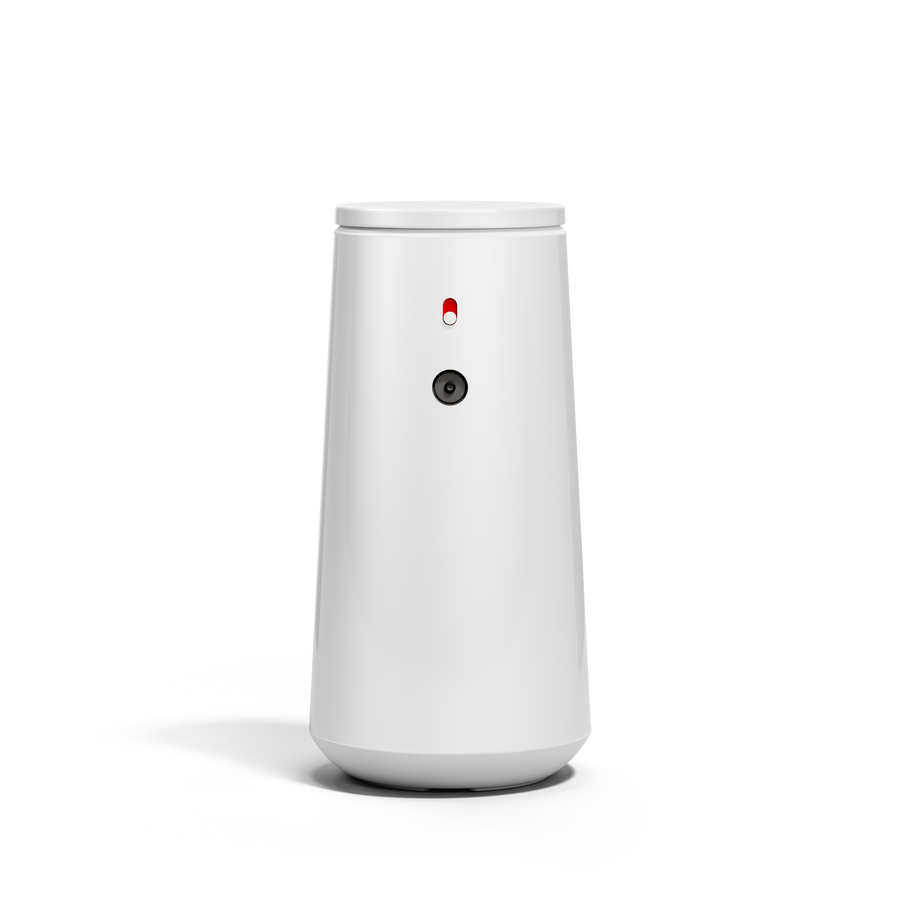 Straight-on view of Simplehuman White Sensor Pump Foam with visible sensor and dose control switch, touch-free dispensing.