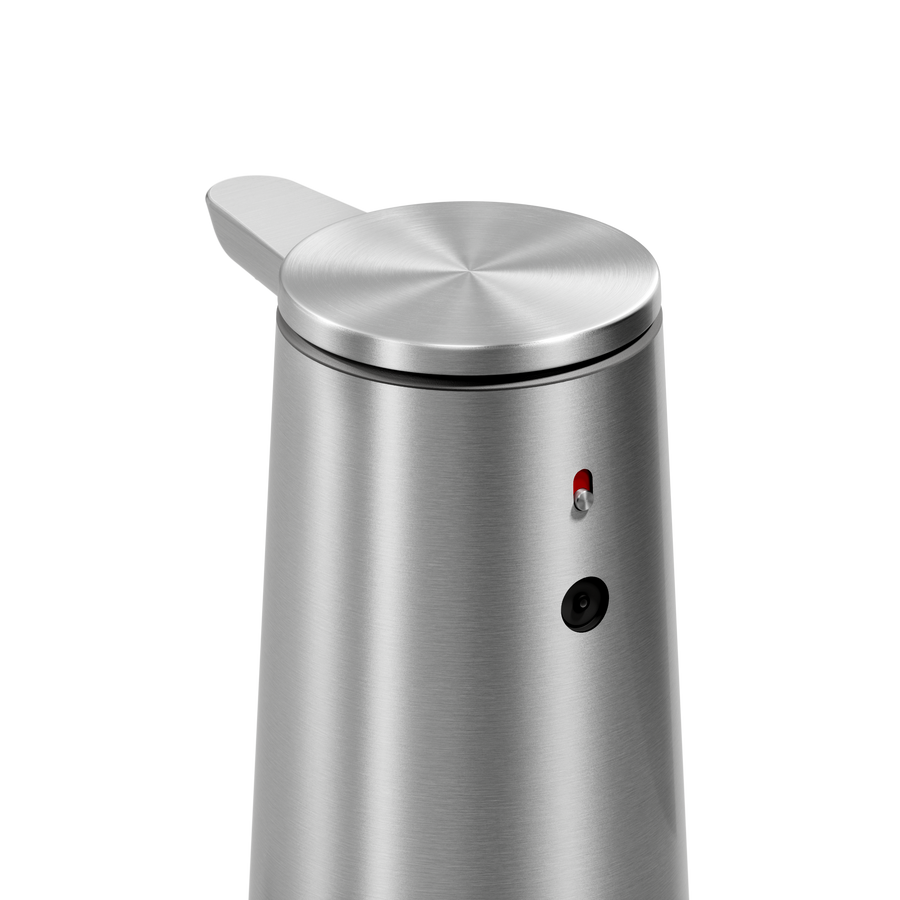 Detail view of Simplehuman Brushed Stainless Steel Sensor Pump Foam showing the sensor eye and indicator light for touch-free use.
