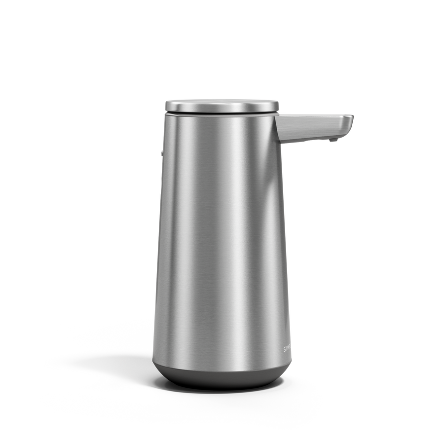 Side view of Simplehuman Sensor Pump Foam in Brushed Stainless Steel, touch-free foam dispensing.