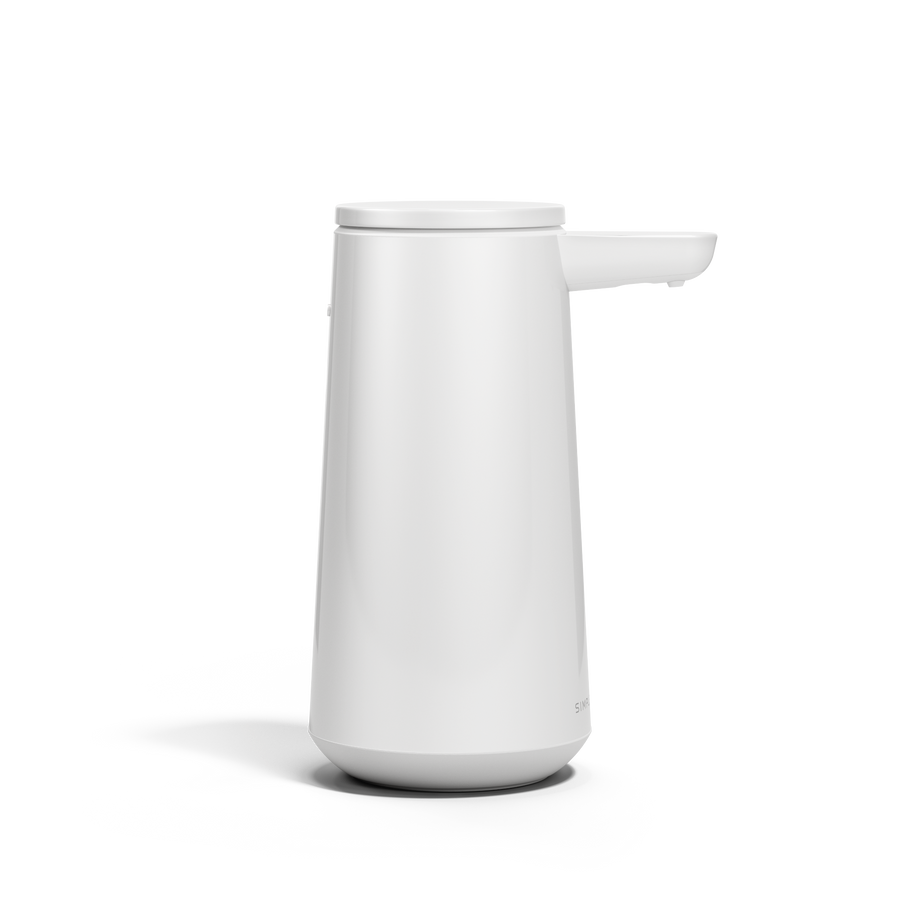 Side view of Simplehuman White Sensor Pump Foam, touch-free operation and drip-free nozzle.
