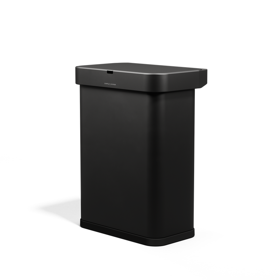 Angled view of Simplehuman 58L Rectangular Sensor Can in Matte Black, touch-free operation.