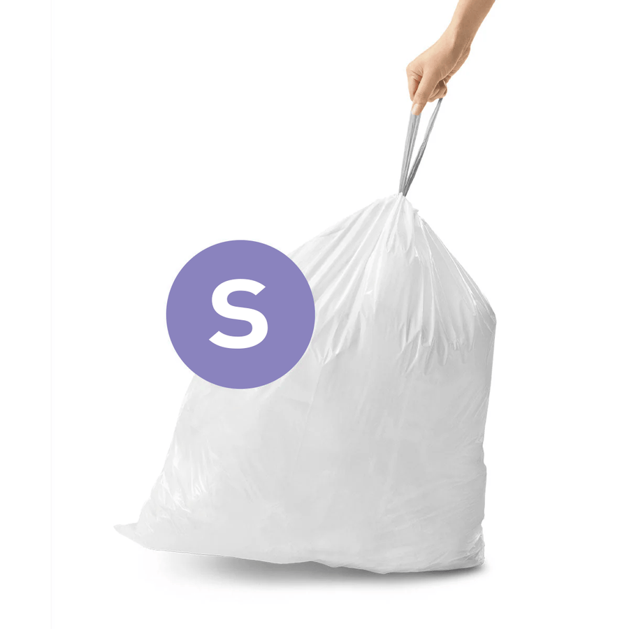 Code S custom fit trash bag by Simplehuman, featuring drawstring liner packaging with hand lifting filled bag.