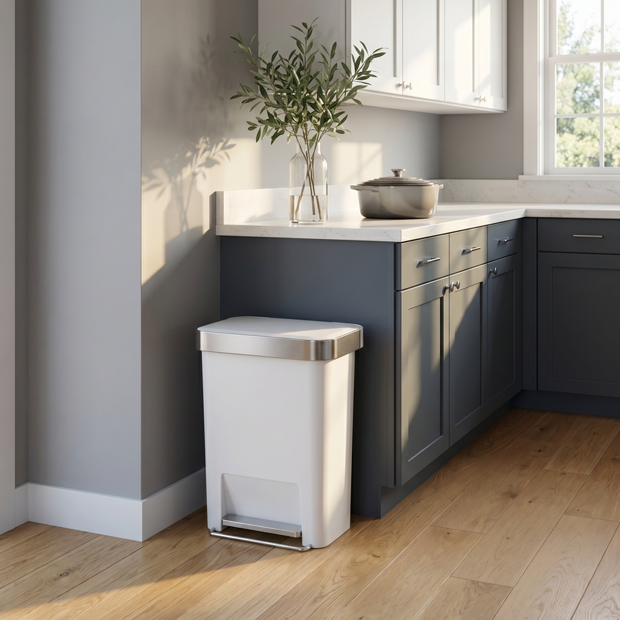 Simplehuman's 45L Hybrid Can in a modern and simple bathroom.