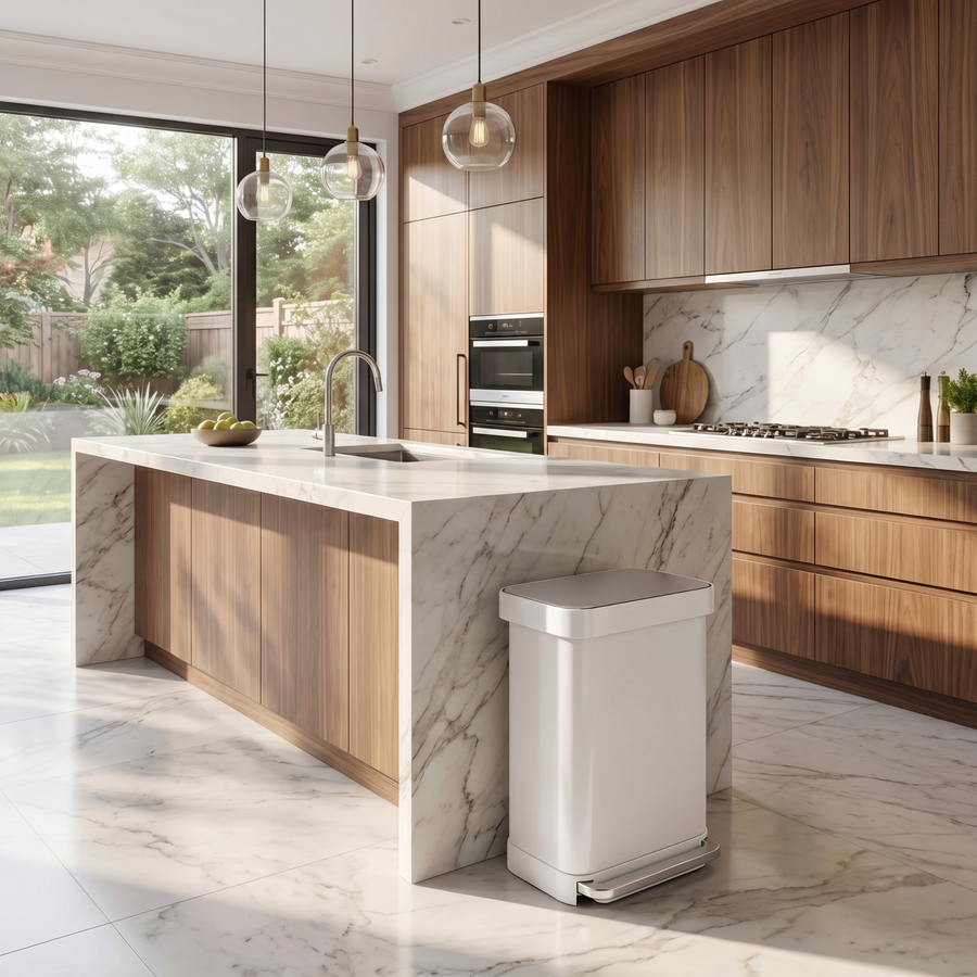 Simplehuman's 45L Rectangular Step Can in a modern kitchen setting with natural lights, marble countertops and wooden cabinets.