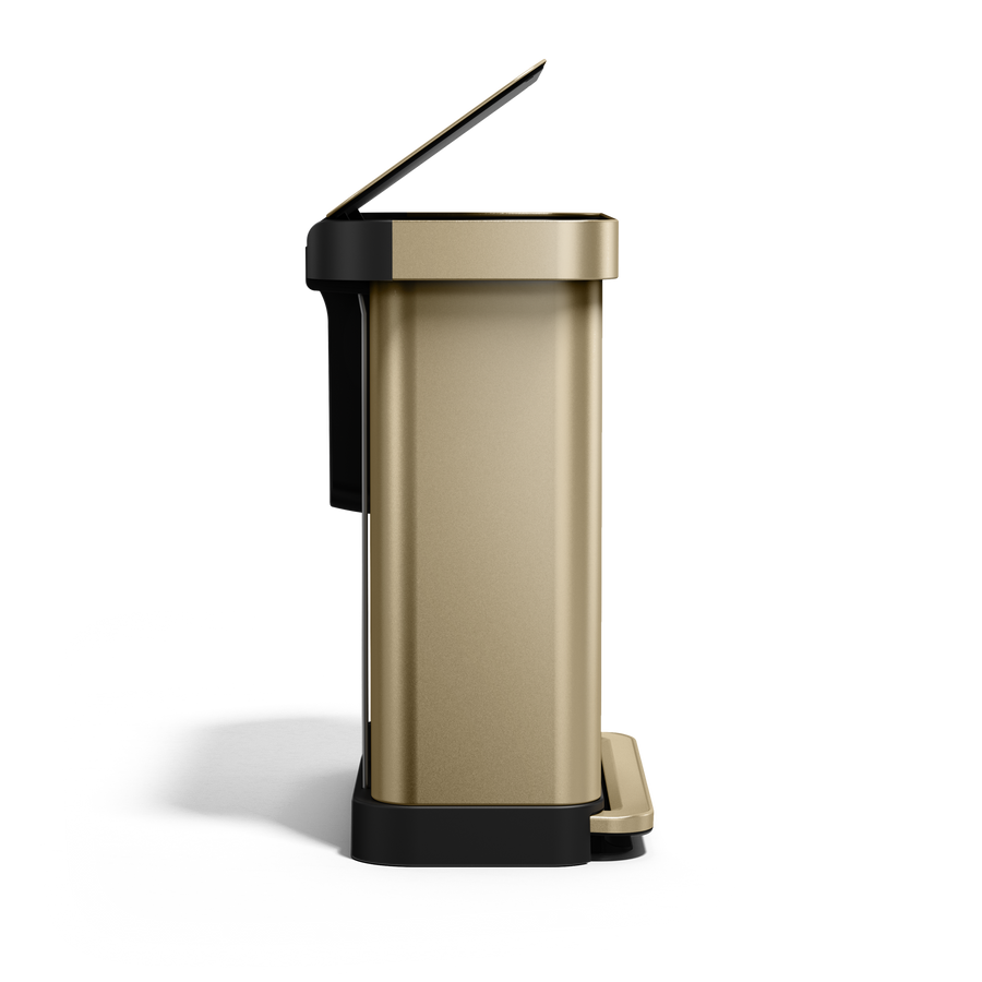 Side view of Simplehuman 58L Step Recycler in Brass with lid open, dual compartment, hands-free use.