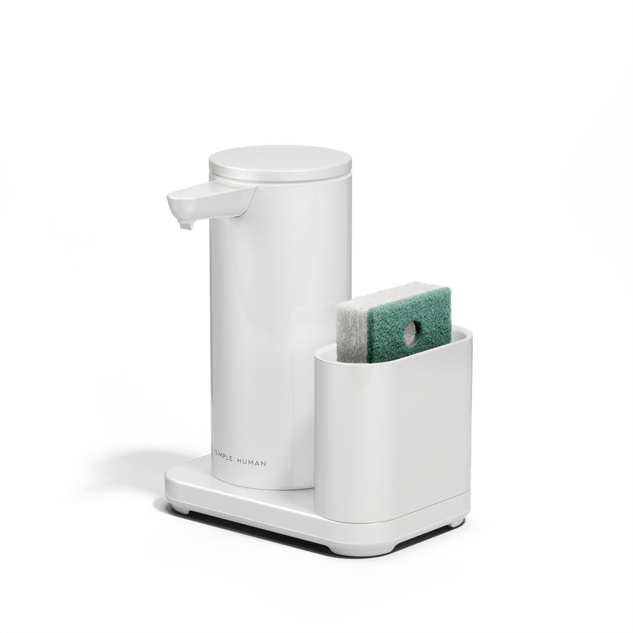 Low-angle view: Simplehuman White 9 oz Sensor Pump and Caddy, integrated touch-free soap dispenser with sponge storage.