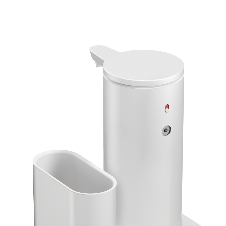 Detail view of Simplehuman White 9 oz Sensor Pump and Caddy, highlighting the touch-free sensor mechanism and caddy opening.