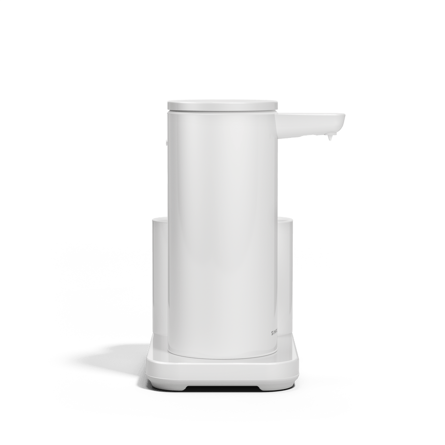 Profile view: Simplehuman White 9 oz Sensor Pump and Caddy, integrated storage for touch-free soap dispensing.