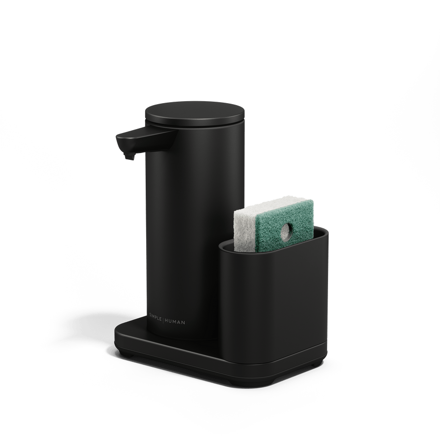 Angled view of Simplehuman Matte Black 9 oz Sensor Pump with Caddy, touch-free soap dispenser and integrated storage.