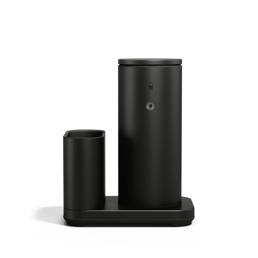 Front view of Simplehuman Matte Black 9 oz Sensor Pump and Caddy, integrated organization for touch-free soap dispensing.