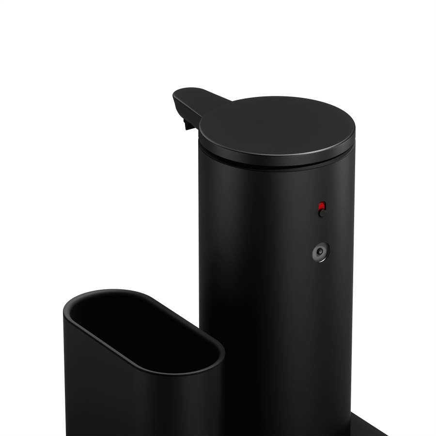 High-angle close-up of Simplehuman Matte Black 9 oz Sensor Pump and Caddy, showing sensor light and storage bin for touch-free dispensing.