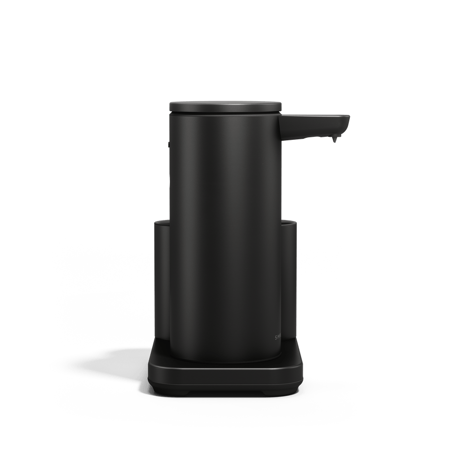 Profile view of Simplehuman Matte Black 9 oz Sensor Pump with Caddy, touch-free dispensing and integrated storage.