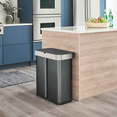 58L dual compartment rectangular sensor can with voice and motion control - black finish - lifestyle in kitchen next to island image